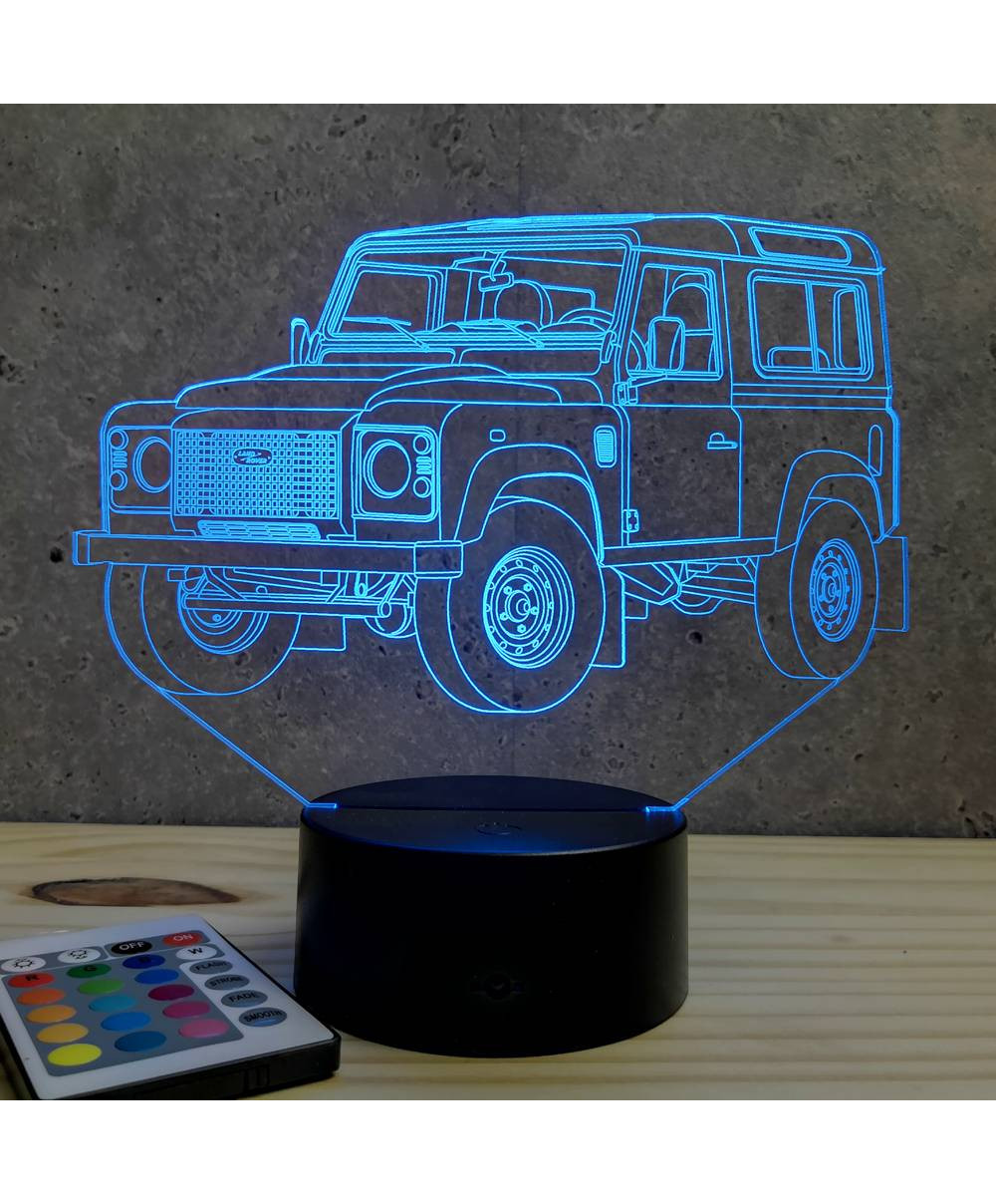 Lampe Illusion 3D Land Rover Defender 90 – Veilleuse LED RGB 16 Couleurs, Télécommande, Gravure Personnalisée – Cadeau Parfait Pour Passionnés 4x4 – Fabriquée En France